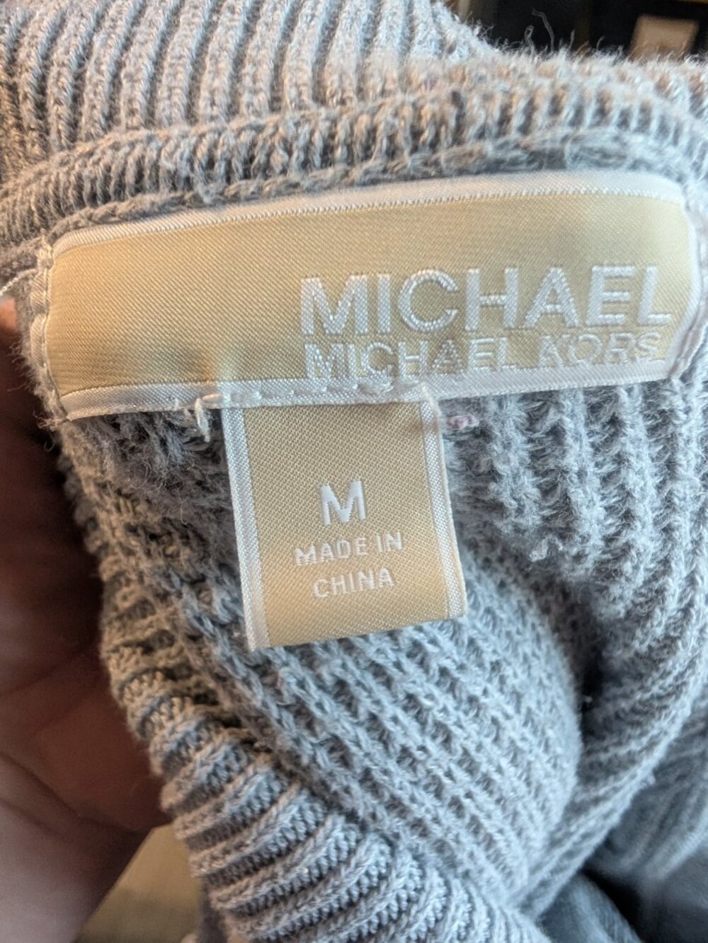 Michael Kors Grey Waffle Knit Cowl Off Shoulder Sweater M Cotton Blend Logo - Picture 8 of 9